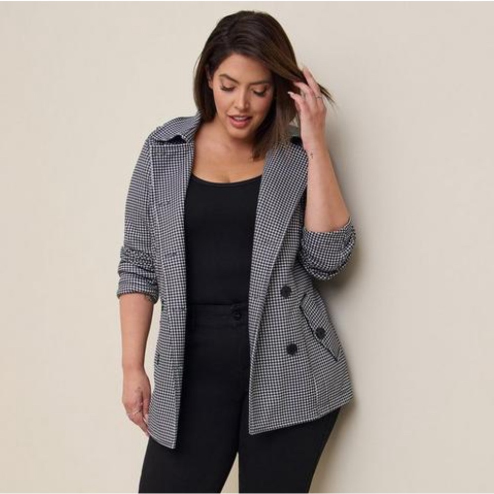 Torrid Plus Size 3X‎ Black White Houndstooth Fleece Double Breasted Peacoat NEW